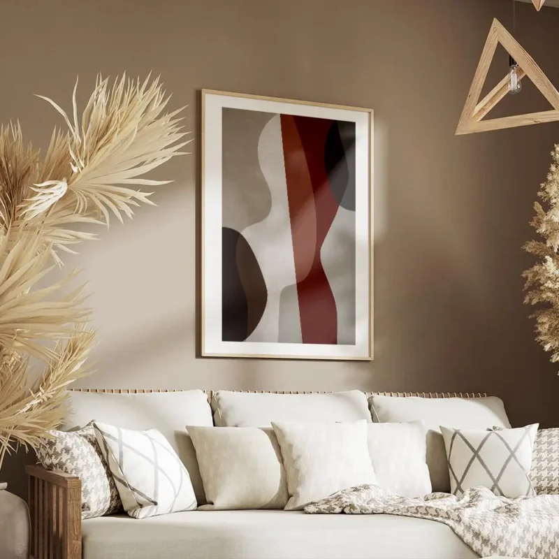 affiche dart abstrait aux formes graphiques audacieuses en rouge bleu blanc brun salon.webp