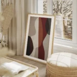 affiche dart abstrait aux formes graphiques audacieuses en rouge bleu blanc brun salon beige.webp