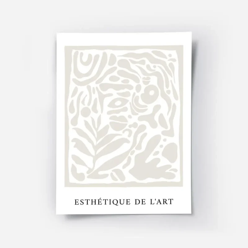 affiche dart abstrait aux formes organiques beiges sur fond blanc avec le texte .webp