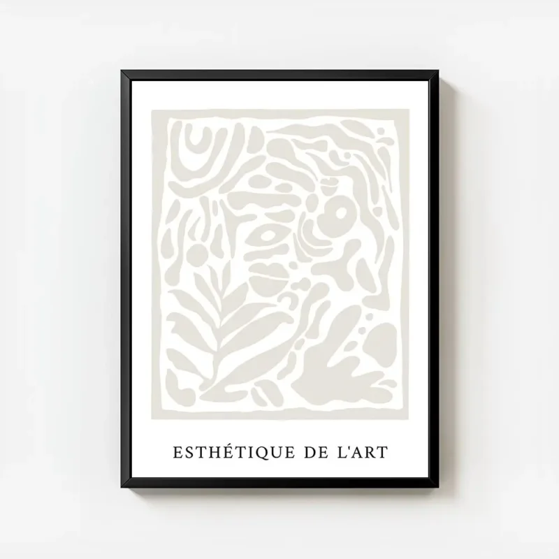 affiche dart abstrait aux formes organiques beiges sur fond blanc avec le texte avec cadre.webp
