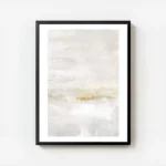 affiche dart abstrait aux tons beiges avec des touches dorees evoquant un paysag avec cadre.webp