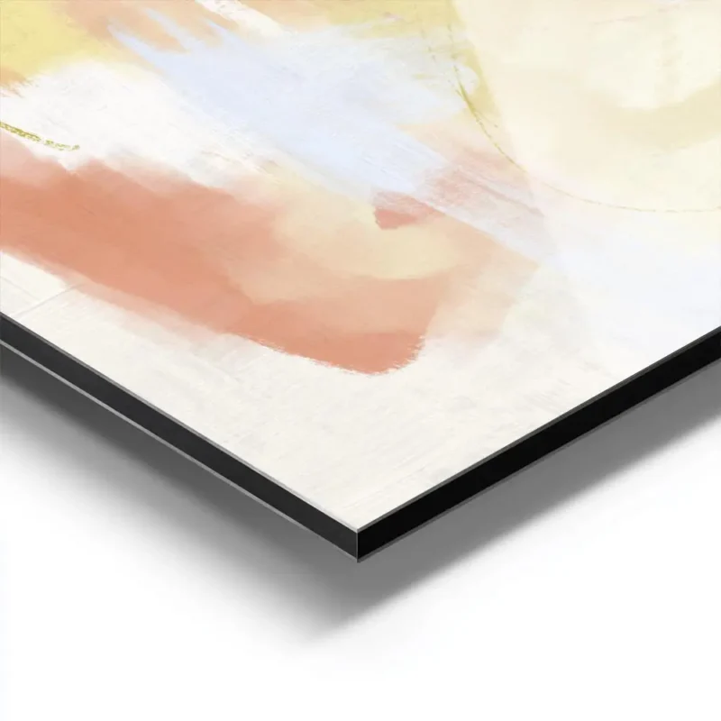affiche dart abstrait aux traits jaune orange et bleu clair avec des gribouillis aluminium.webp
