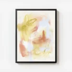 affiche dart abstrait aux traits jaune orange et bleu clair avec des gribouillis avec cadre.webp