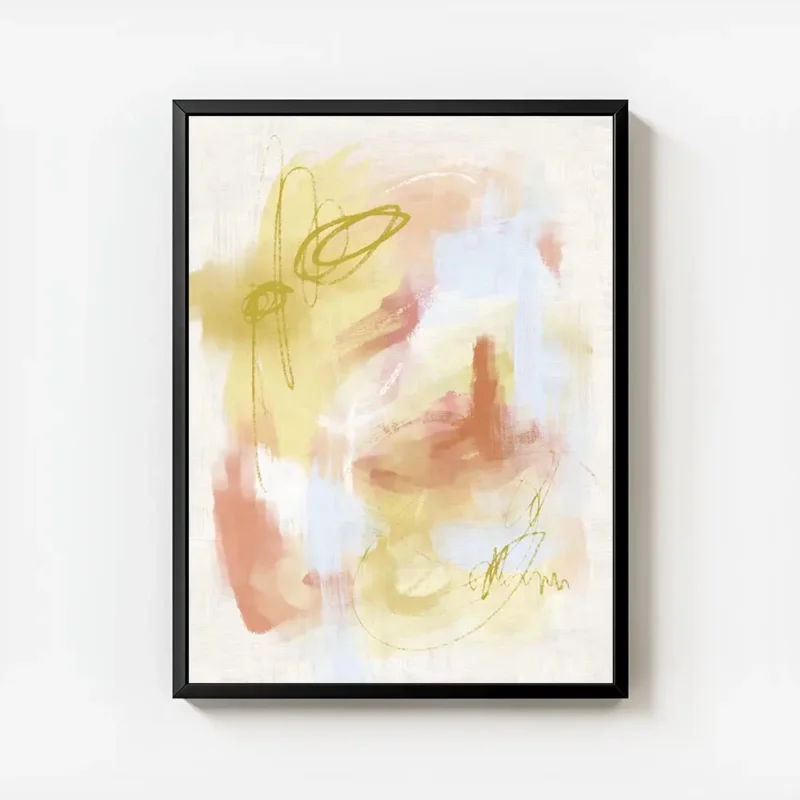 affiche dart abstrait aux traits jaune orange et bleu clair avec des gribouillis avec cadre.webp