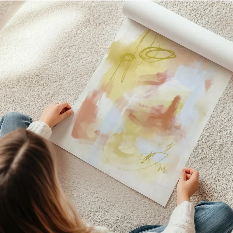 affiche dart abstrait aux traits jaune orange et bleu clair avec des gribouillis en rouleau.webp