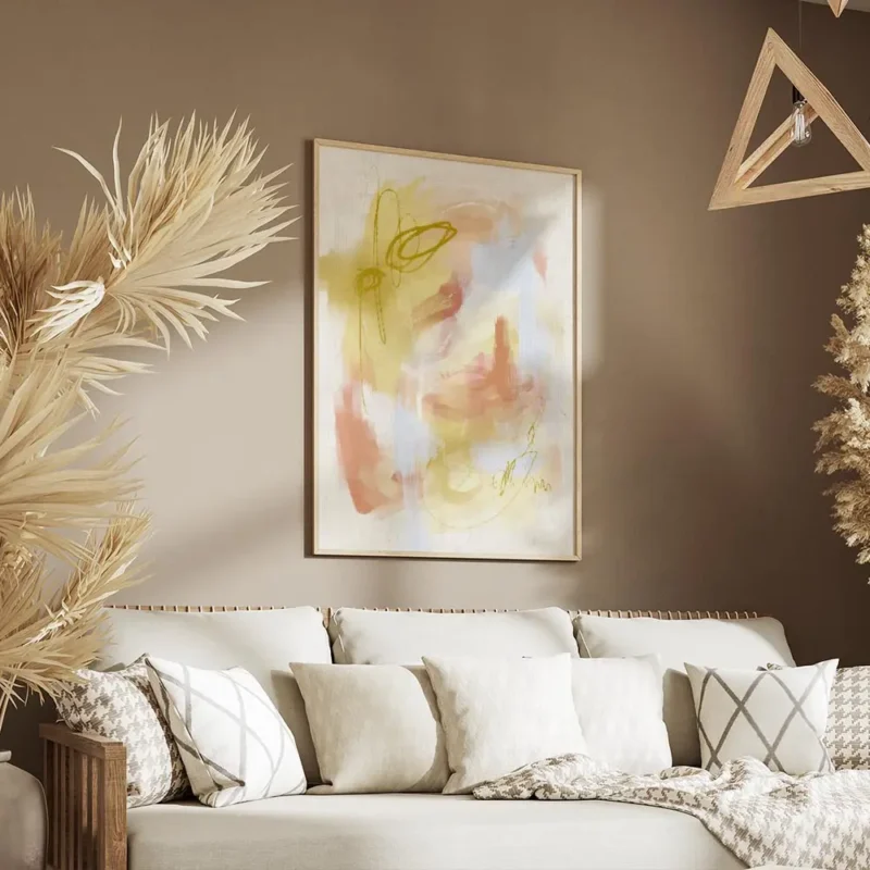 affiche dart abstrait aux traits jaune orange et bleu clair avec des gribouillis salon.webp