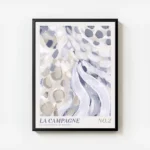 affiche dart abstrait avec coups de pinceau et points en bleu blanc et beige ave avec cadre.webp