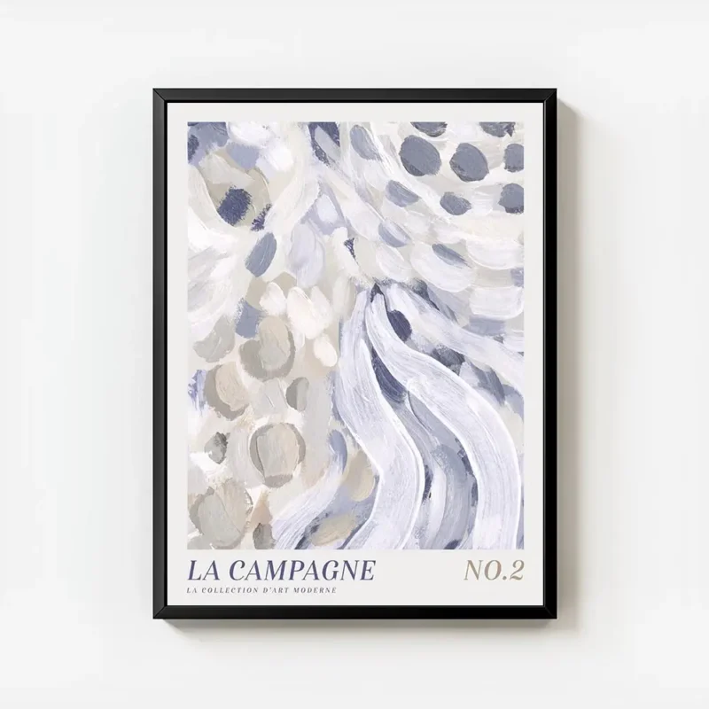 affiche dart abstrait avec coups de pinceau et points en bleu blanc et beige ave avec cadre.webp