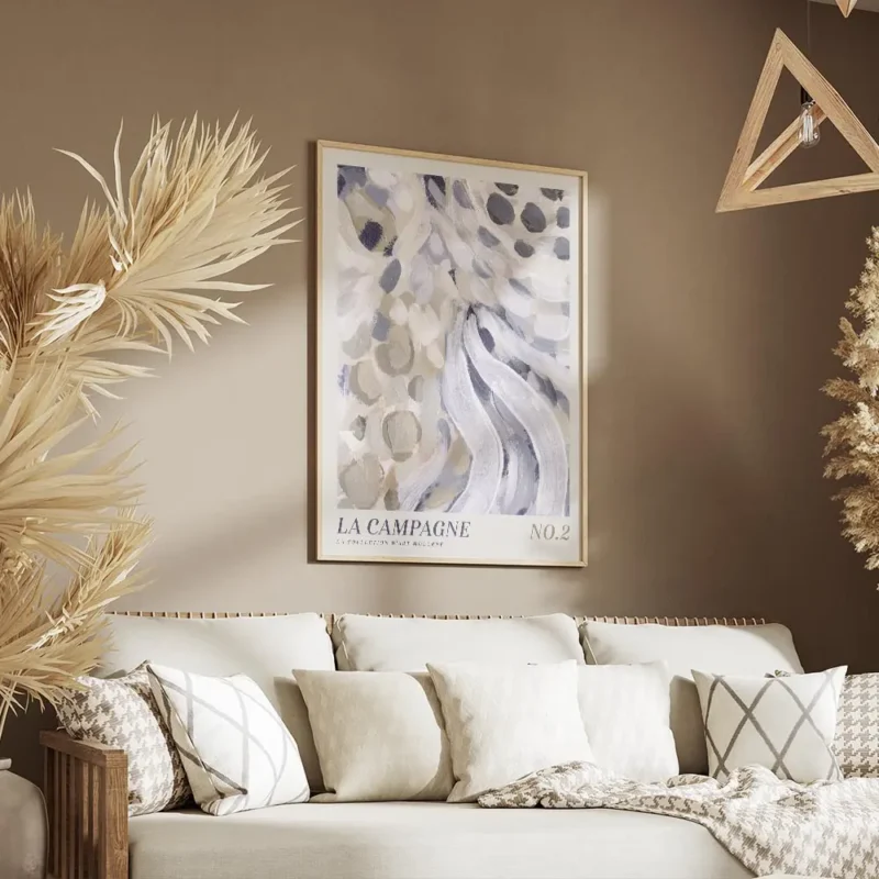 affiche dart abstrait avec coups de pinceau et points en bleu blanc et beige ave salon.webp