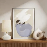 affiche dart abstrait avec des champs de couleur brosses en blanc bleu et marron meuble.webp