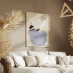 affiche dart abstrait avec des champs de couleur brosses en blanc bleu et marron salon.webp