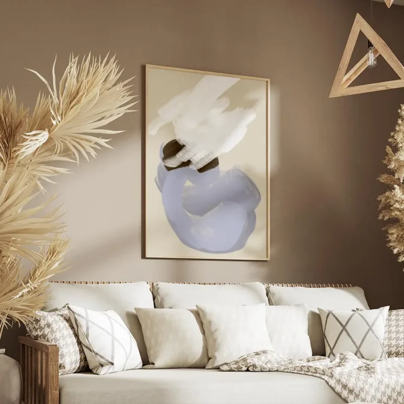 affiche dart abstrait avec des champs de couleur brosses en blanc bleu et marron salon.webp