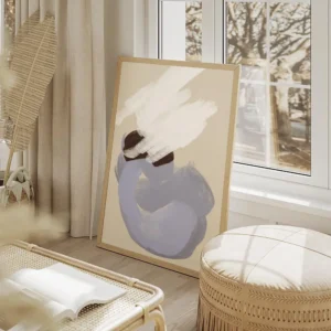 affiche dart abstrait avec des champs de couleur brosses en blanc bleu et marron salon beige.webp