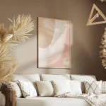 affiche dart abstrait avec des coups de pinceau blancs sur un fond peche effet d salon.webp