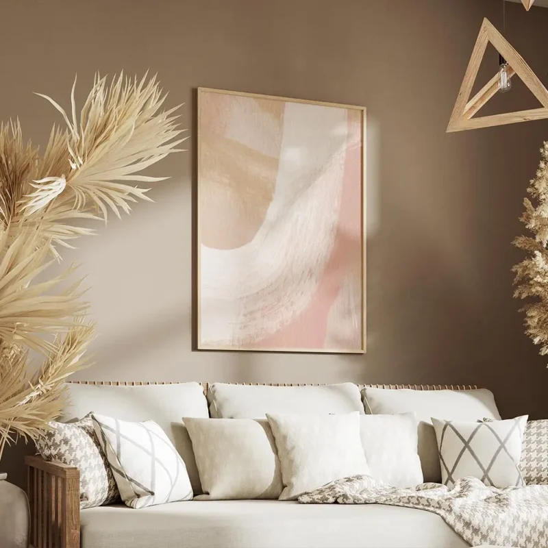 affiche dart abstrait avec des coups de pinceau blancs sur un fond peche effet d salon.webp
