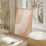 affiche dart abstrait avec des coups de pinceau blancs sur un fond peche effet d salon beige.webp
