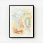 affiche dart abstrait avec des formes et des traits en jaune orange et turquoise avec cadre.webp