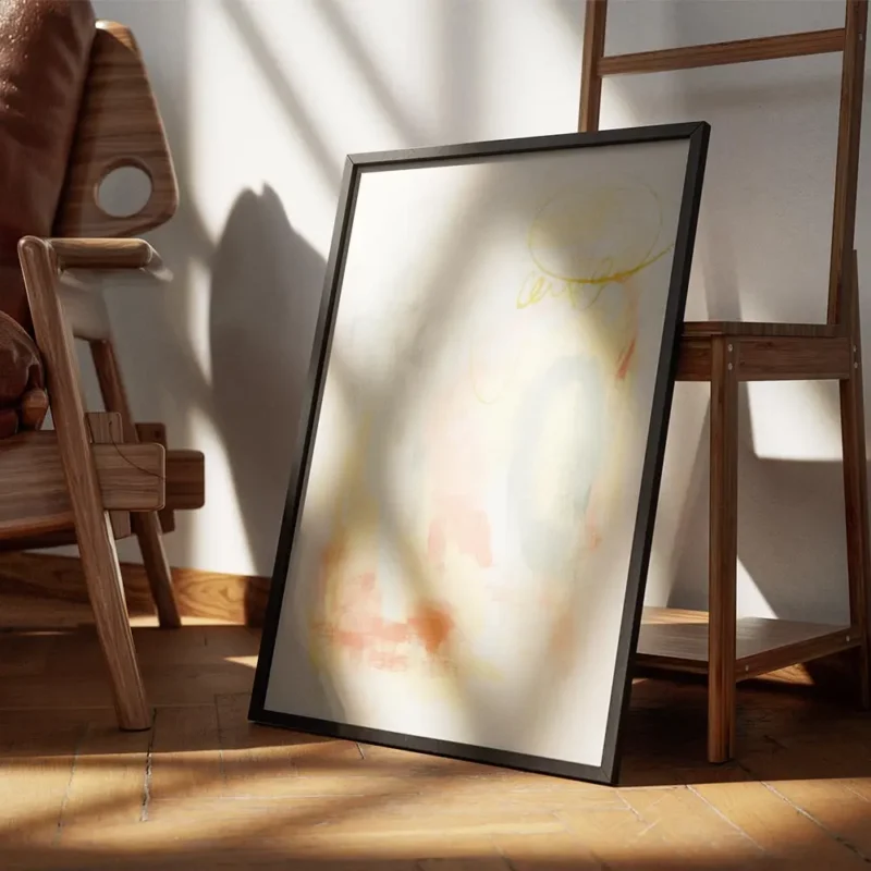 affiche dart abstrait avec des formes et des traits en jaune orange et turquoise encadre.webp