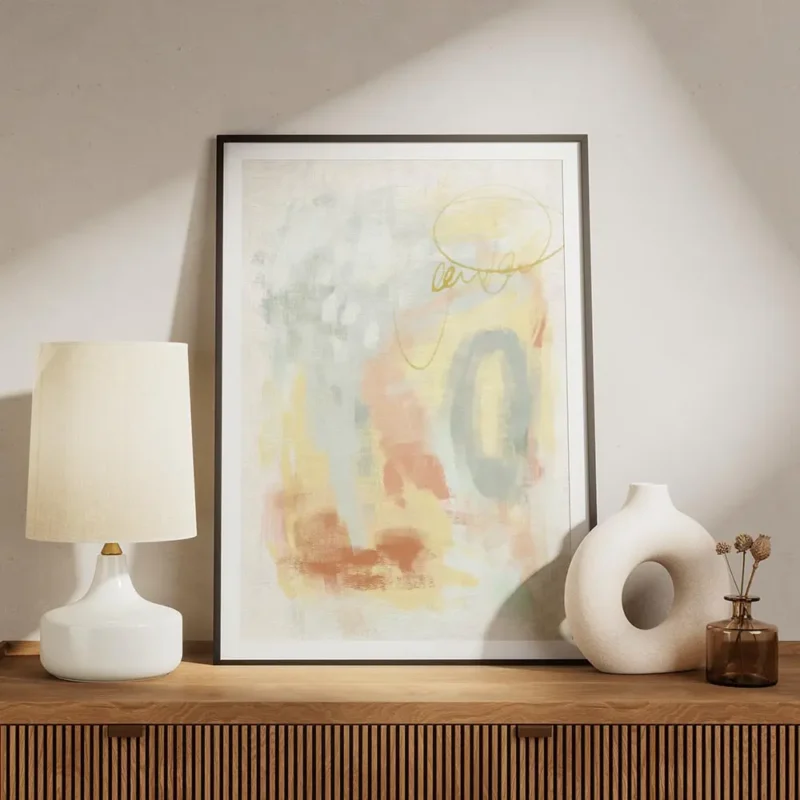 affiche dart abstrait avec des formes et des traits en jaune orange et turquoise meuble.webp