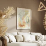 affiche dart abstrait avec des formes et des traits en jaune orange et turquoise salon.webp