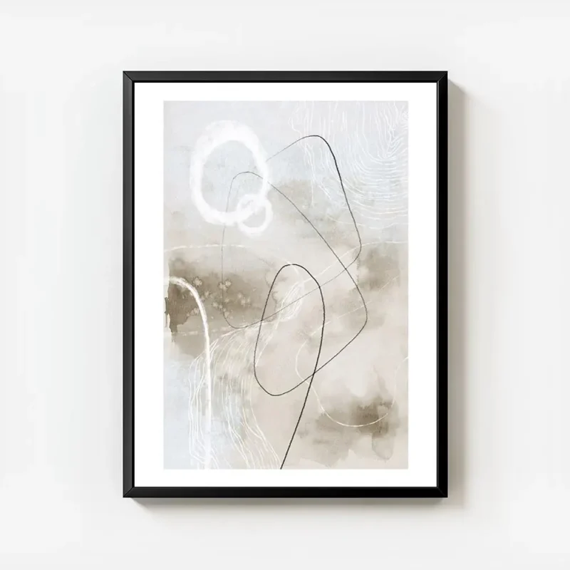 affiche dart abstrait avec des formes et lignes noires et blanches sur fond gris avec cadre.webp