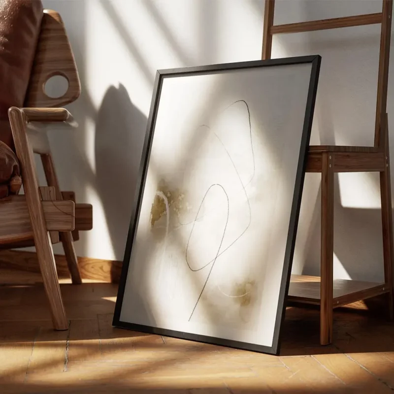 affiche dart abstrait avec des formes et lignes noires et blanches sur fond gris encadre.webp
