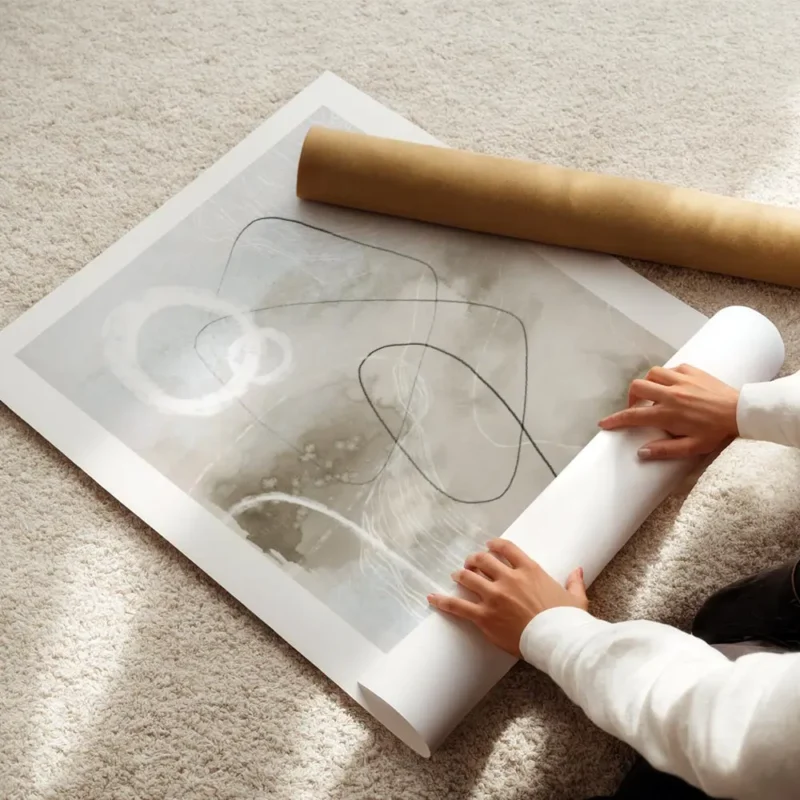 affiche dart abstrait avec des formes et lignes noires et blanches sur fond gris enroule.webp