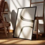 affiche dart abstrait avec des formes irregulieres beiges des lignes noires et d encadre.webp