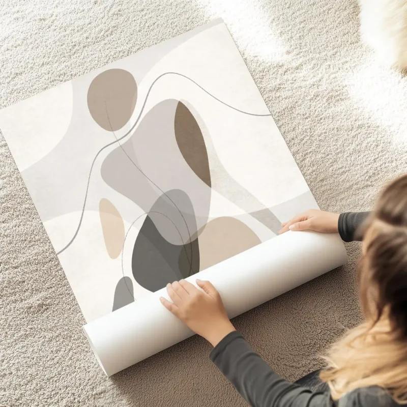 affiche dart abstrait avec des formes organiques aux couleurs neutres et terreus au sol.webp