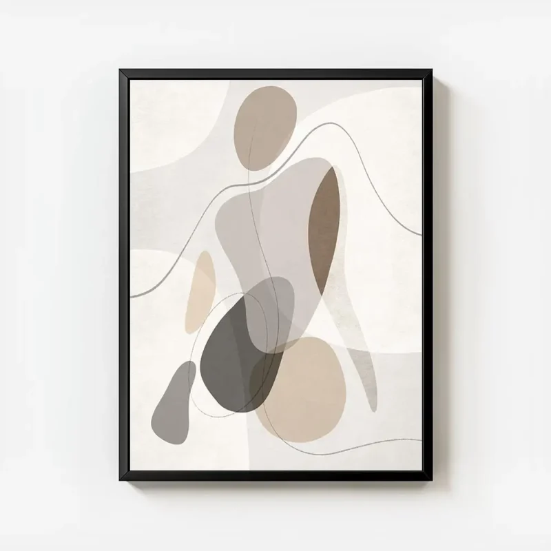 affiche dart abstrait avec des formes organiques aux couleurs neutres et terreus avec cadre.webp