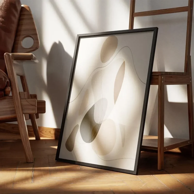 affiche dart abstrait avec des formes organiques aux couleurs neutres et terreus encadre.webp