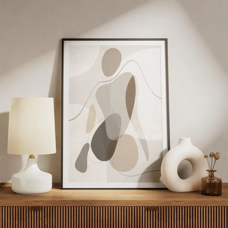 affiche dart abstrait avec des formes organiques aux couleurs neutres et terreus meuble.webp