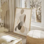 affiche dart abstrait avec des formes organiques aux couleurs neutres et terreus salon beige.webp