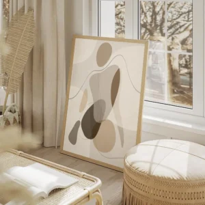 affiche dart abstrait avec des formes organiques aux couleurs neutres et terreus salon beige.webp