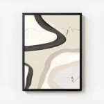 affiche dart abstrait avec des formes texturees noires beiges et blanches et des avec cadre.webp