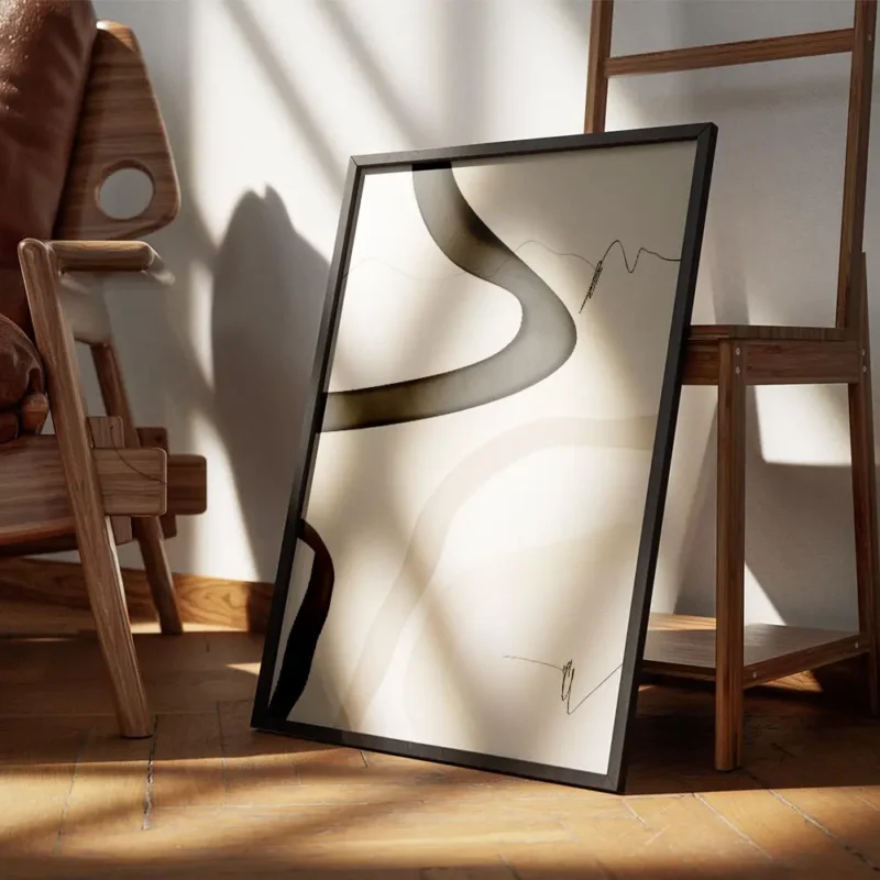 affiche dart abstrait avec des formes texturees noires beiges et blanches et des encadre.webp