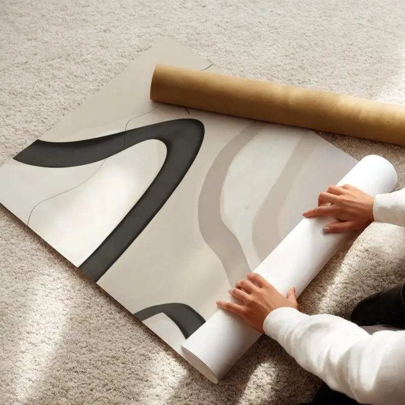 affiche dart abstrait avec des formes texturees noires beiges et blanches et des enroule.webp