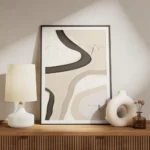 affiche dart abstrait avec des formes texturees noires beiges et blanches et des meuble.webp