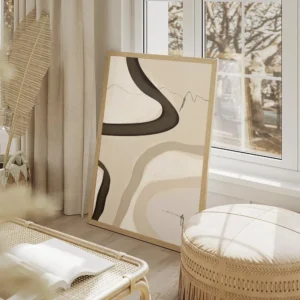 affiche dart abstrait avec des formes texturees noires beiges et blanches et des salon beige.webp