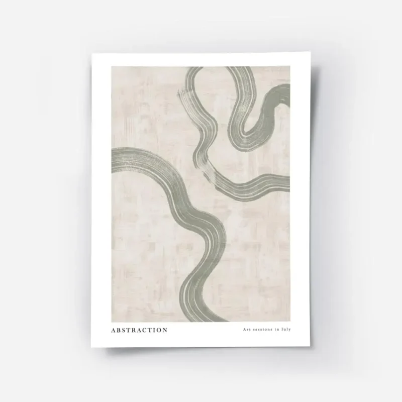 affiche dart abstrait avec des volutes vertes sur fond beige texture et le texte.webp