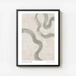 affiche dart abstrait avec des volutes vertes sur fond beige texture et le texte avec cadre.webp