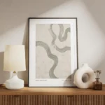 affiche dart abstrait avec des volutes vertes sur fond beige texture et le texte meuble.webp