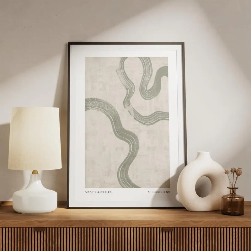 affiche dart abstrait avec des volutes vertes sur fond beige texture et le texte meuble.webp