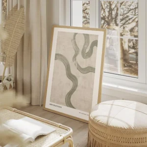 affiche dart abstrait avec des volutes vertes sur fond beige texture et le texte salon beige.webp