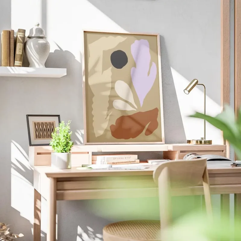 affiche dart abstrait avec formes organiques violettes beiges noires et brunes s bureau.webp