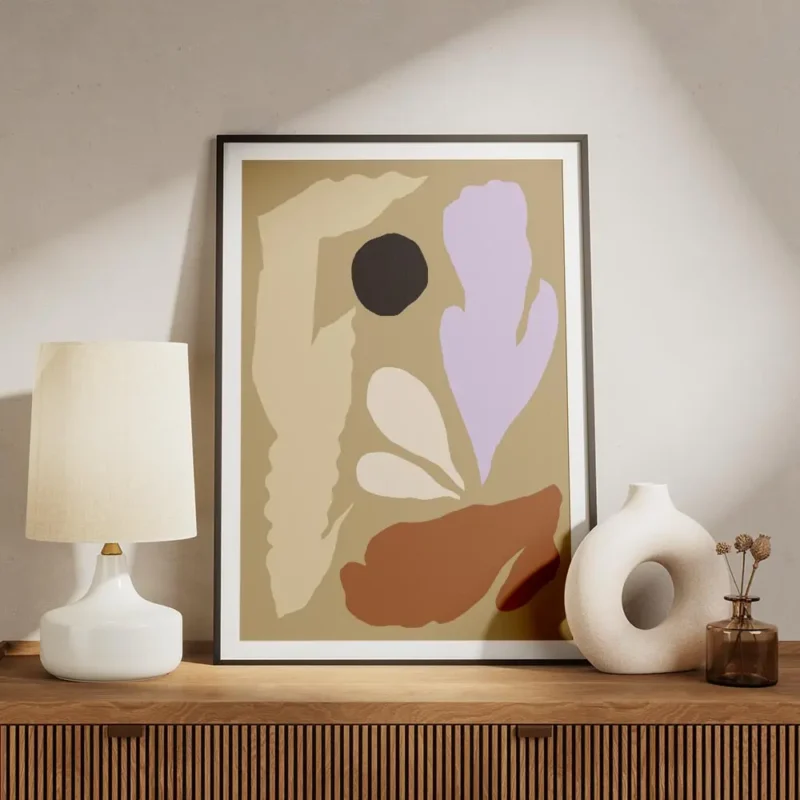 affiche dart abstrait avec formes organiques violettes beiges noires et brunes s meuble.webp