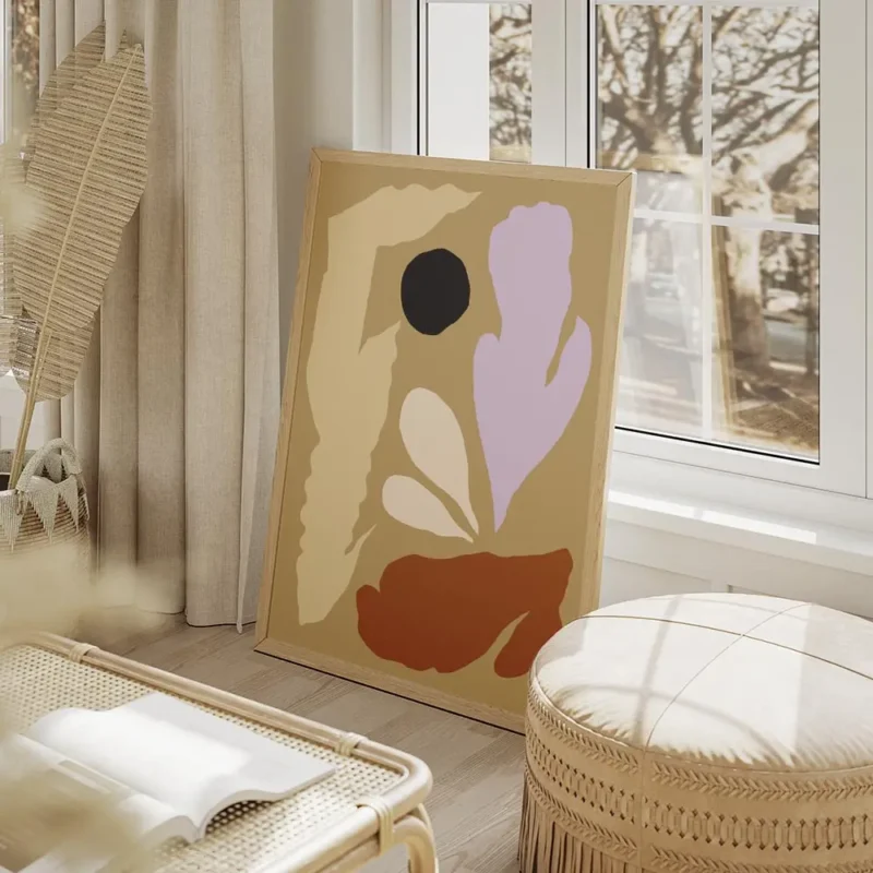 affiche dart abstrait avec formes organiques violettes beiges noires et brunes s salon beige.webp