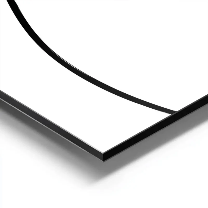 affiche dart abstrait avec une ligne noire continue et fluide sur fond blanc evo aluminium.webp