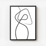 affiche dart abstrait avec une ligne noire continue et fluide sur fond blanc evo avec cadre.webp