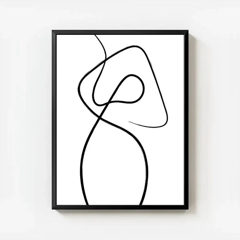 affiche dart abstrait avec une ligne noire continue et fluide sur fond blanc evo avec cadre.webp